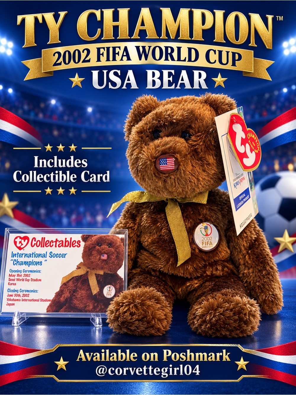 TY Brown Bear Plush with Gold Ribbon - USA Flag Nose